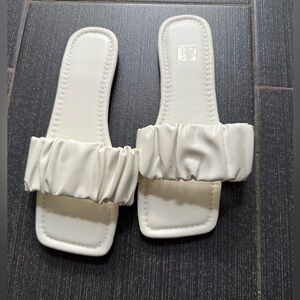 Elegant White Women's Sandals, White Ruched Slide Sandals Square Toe, Minimalist